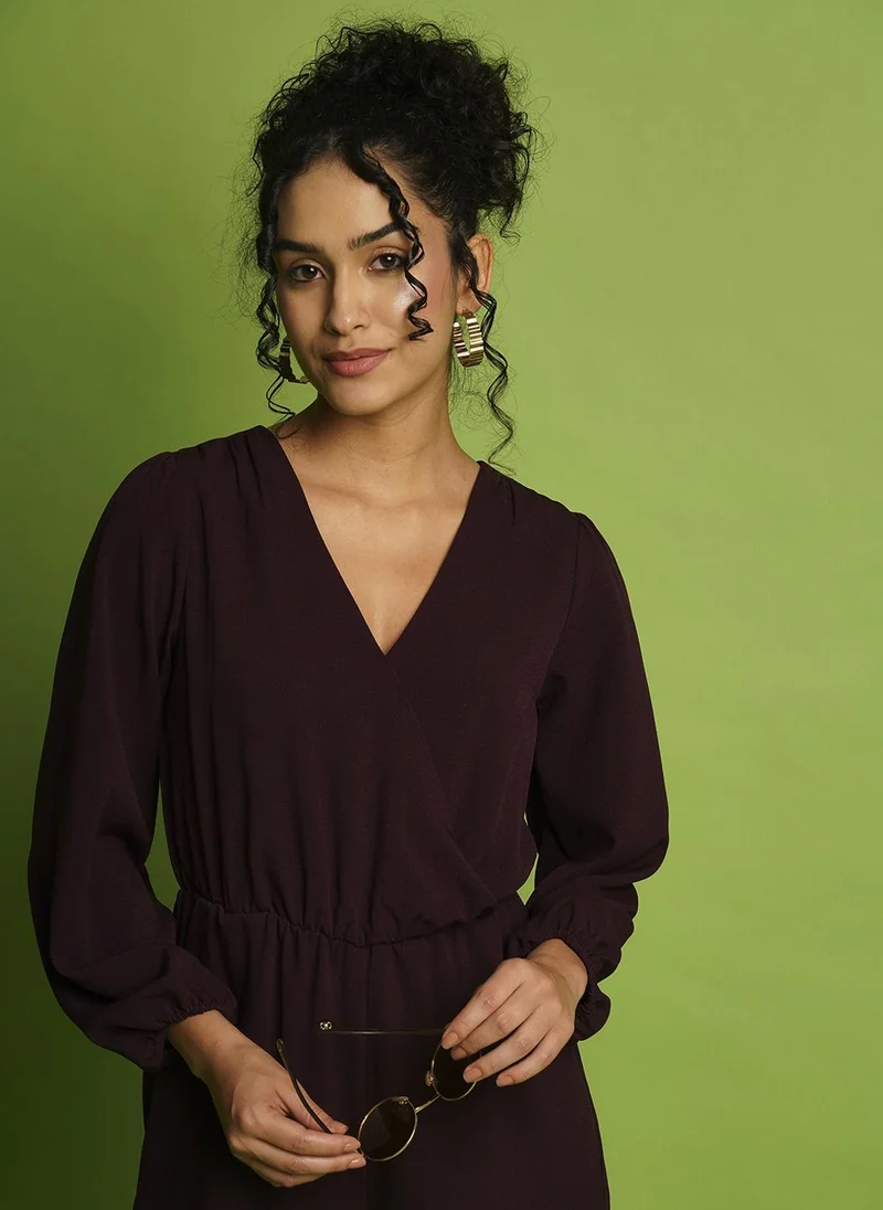 globus Purple Globus Women V-Neck Bishop Sleeves Gathered Detail Wrap Basic Jumpsuit for Women | Best Price UAE